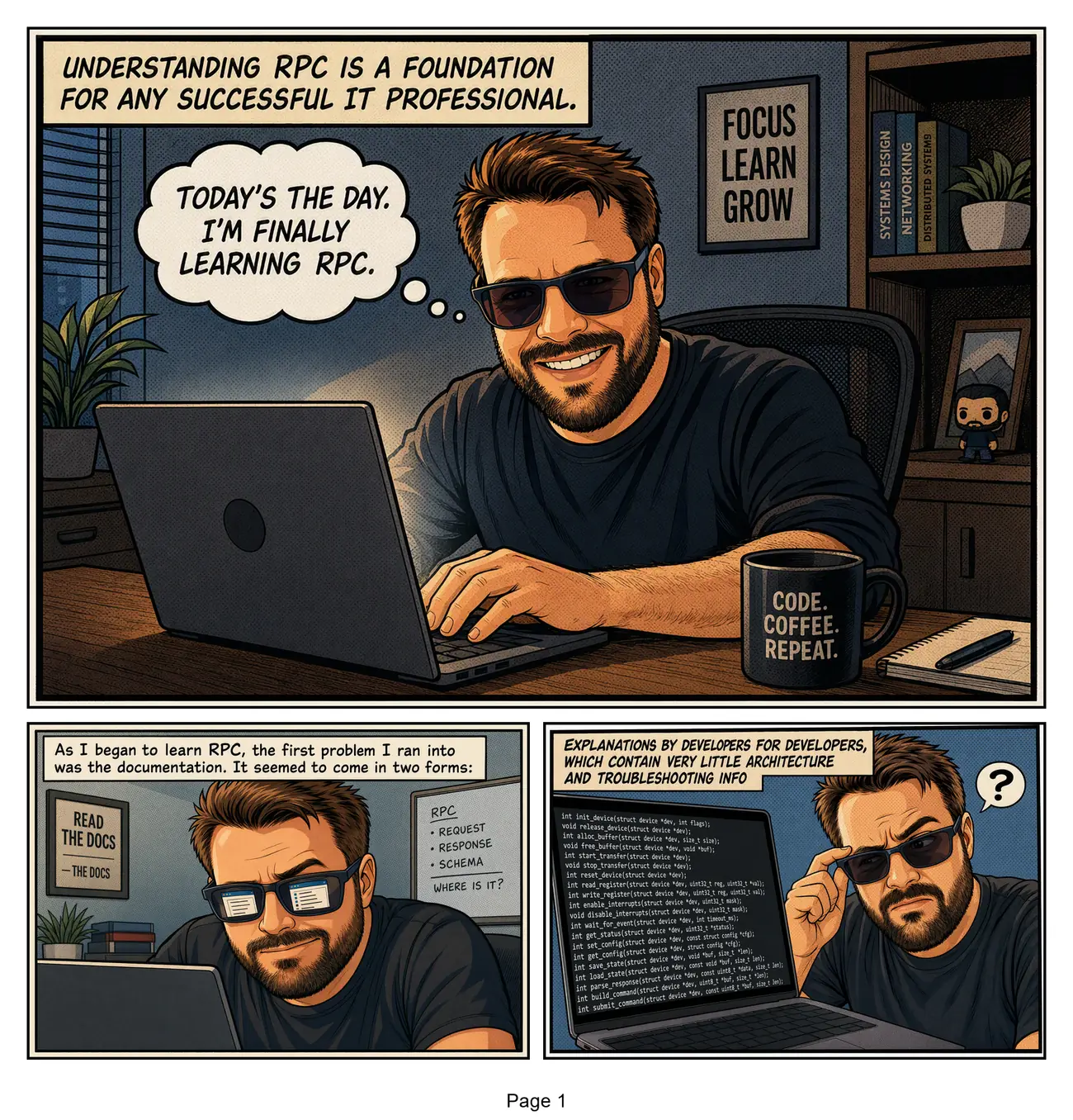 Page 1: at his desk with coffee and an open laptop, the protagonist grins, confident he'll finally understand RPC today.