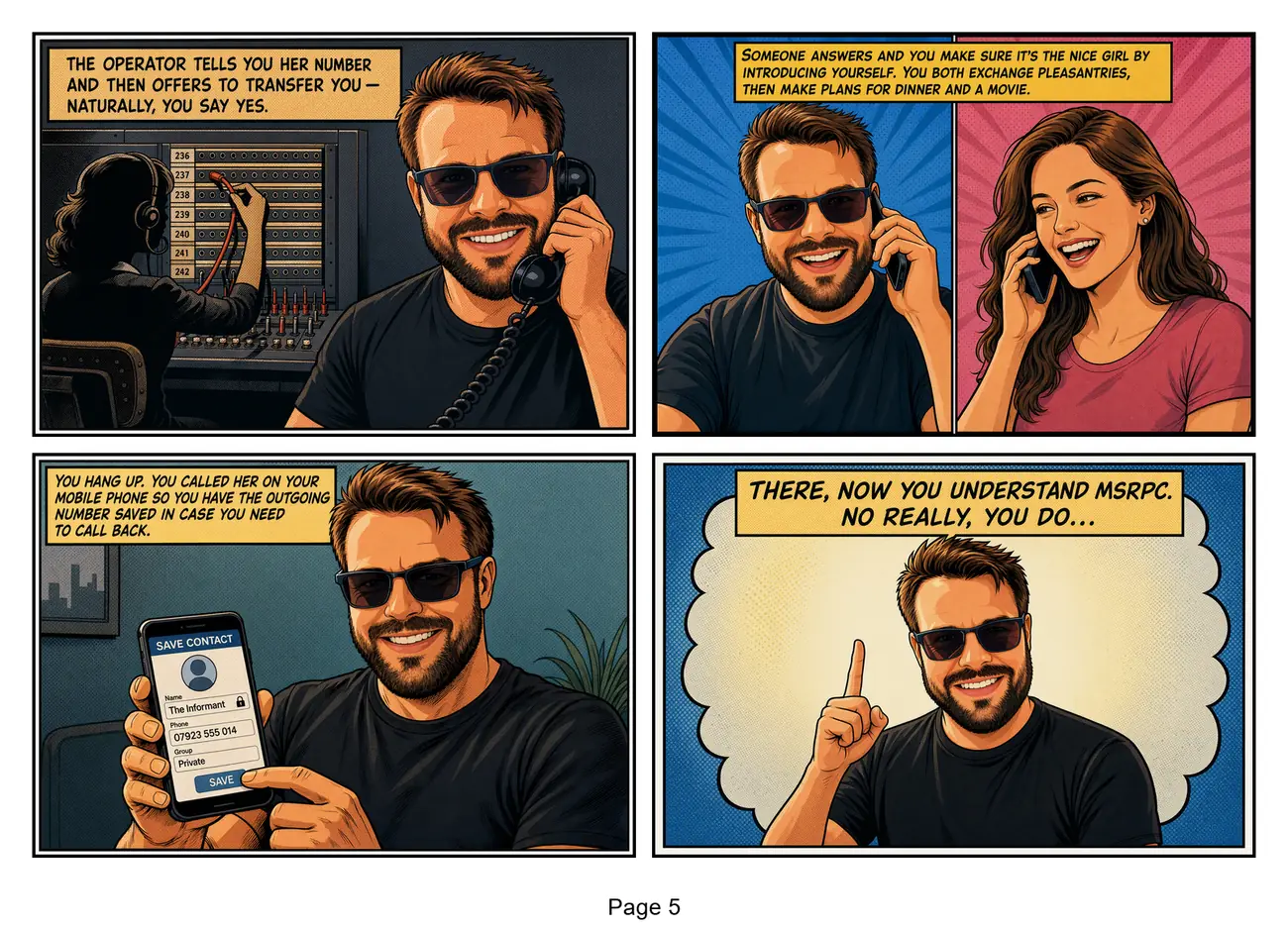 Page 5: the switchboard transfers his call to Aimee, and after a friendly chat he realizes he's just learned MSRPC.