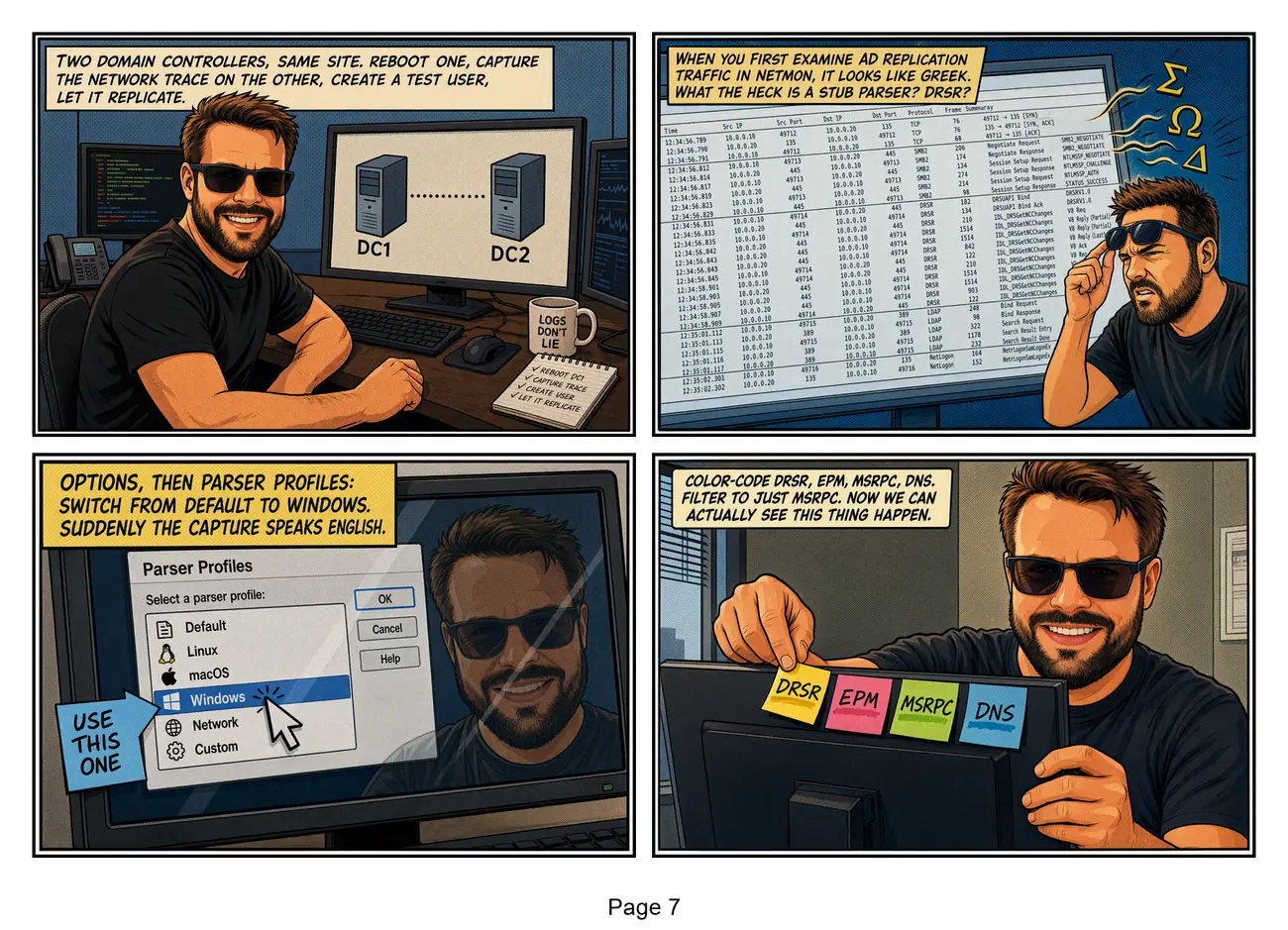 Page 7: back at his desk, he captures AD replication traffic in NetMon, unreadable 'Greek' until he switches parsers.