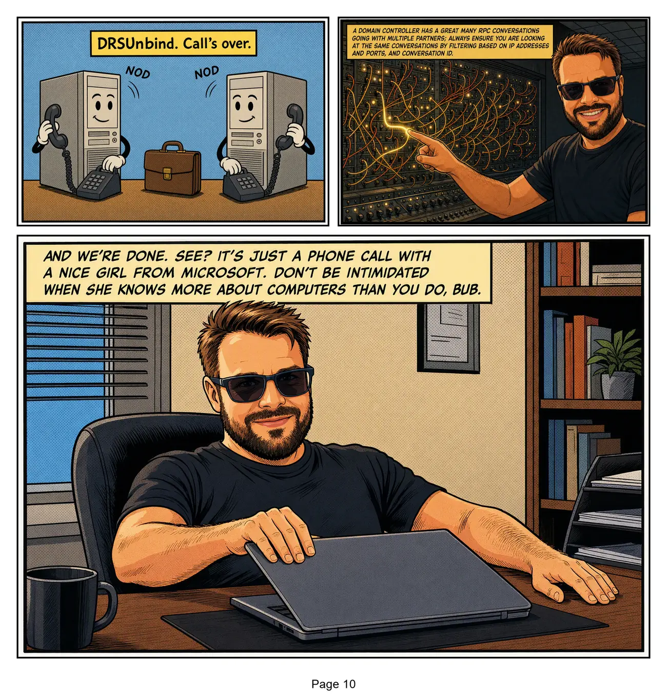 Page 10: the two domain controllers hang up their call, and he closes his laptop having finally learned MSRPC.